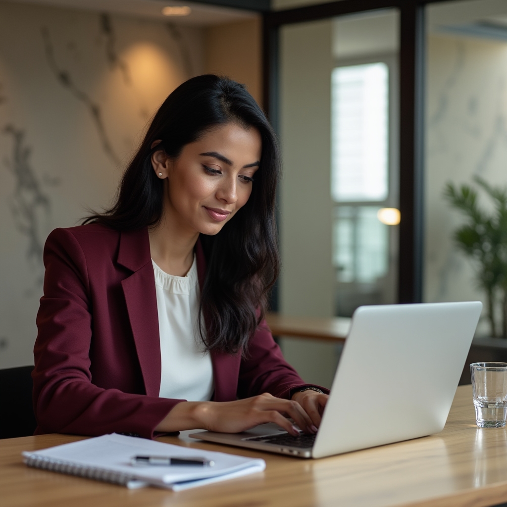 Profesional en transición de carrera revisando su perfil de LinkedIn en ordenador portátil