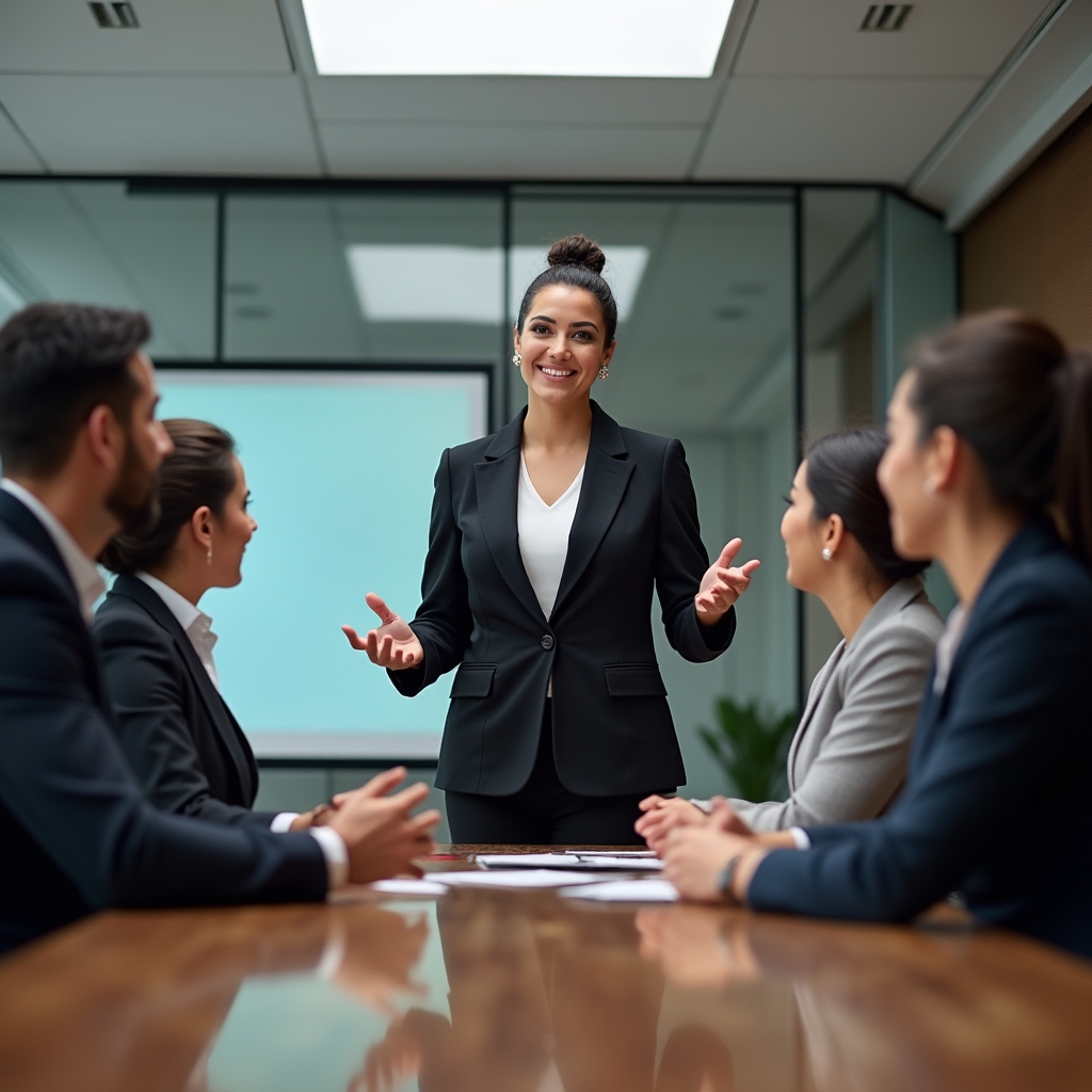 Profesional presentando con confianza en reunión de trabajo ante colegas atentos