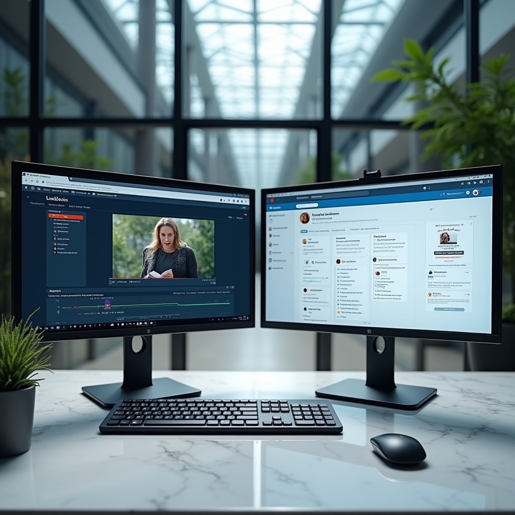 Espacio de trabajo digital con múltiples pantallas mostrando herramientas de formación online