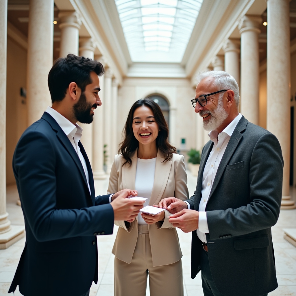 Profesionales en un evento de networking intercambiando contactos en entorno corporativo