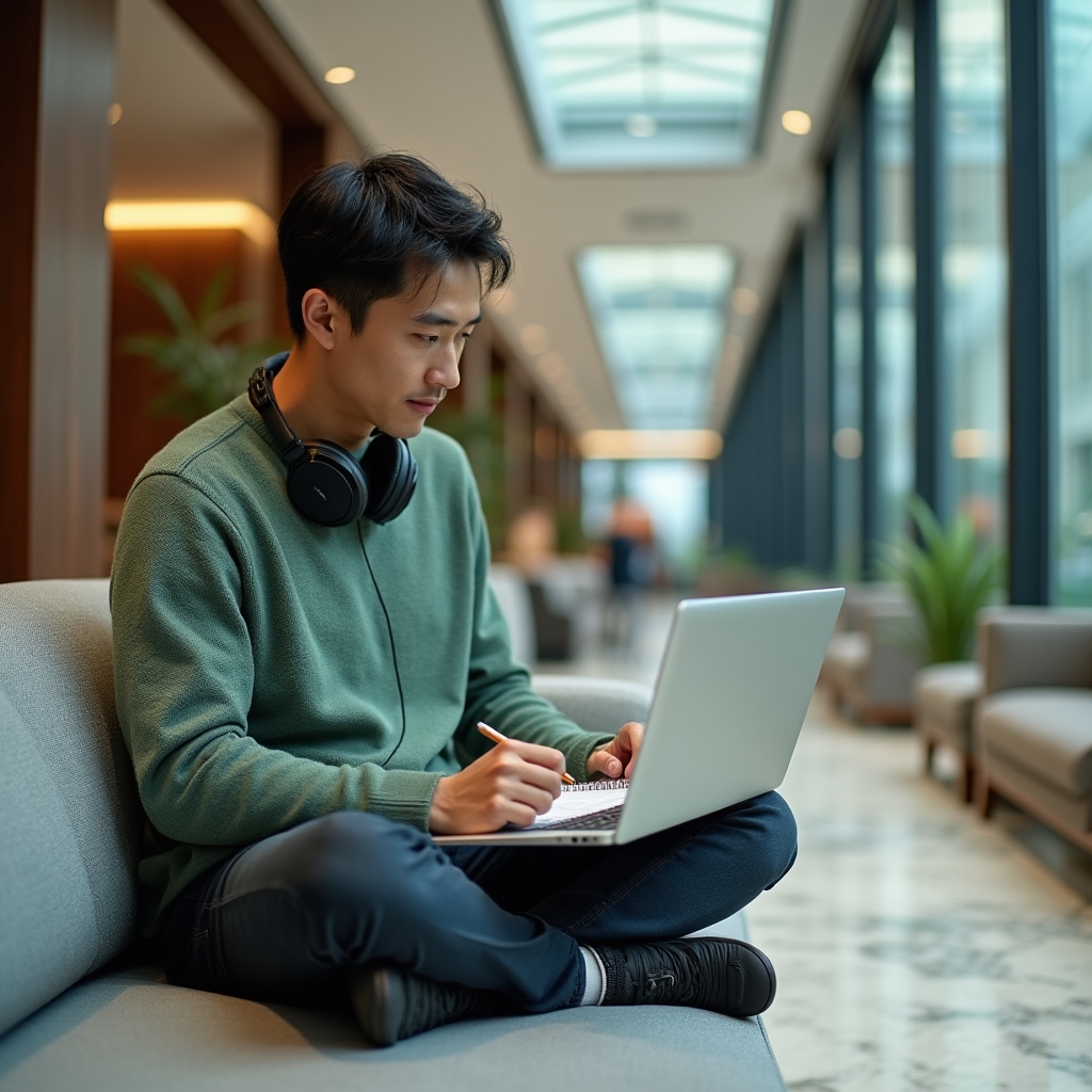 Profesional en formación online desde casa con materiales de aprendizaje en pantalla