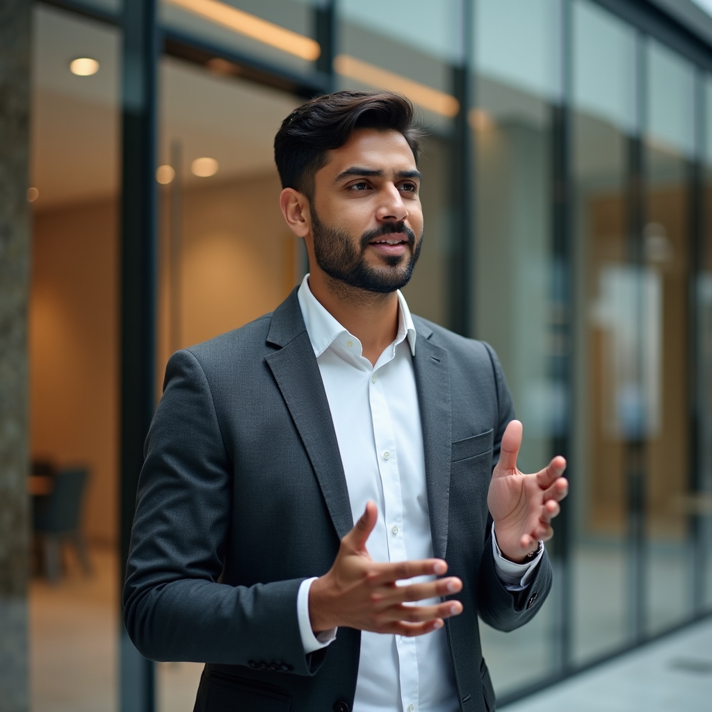 Profesional hablando con confianza en un entorno laboral moderno